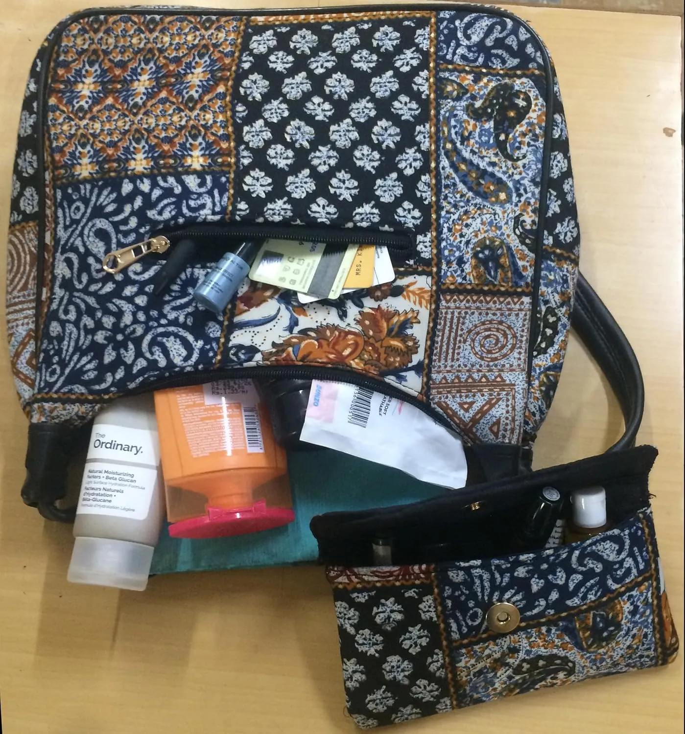 Vegan Leather Shoulder Bag Women Handbag Purse Organizer Cruelty Free Indian Handcrafted Cotton Fabric.