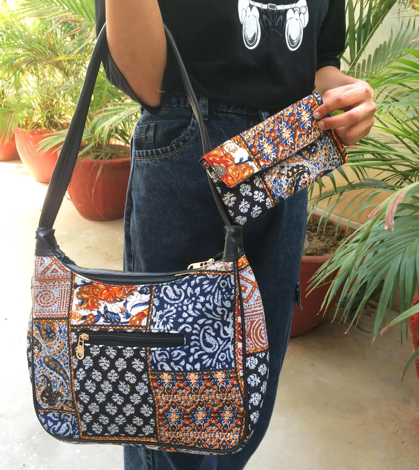 Vegan Leather Shoulder Bag Women Handbag Purse Organizer Cruelty Free Indian Handcrafted Cotton Fabric.