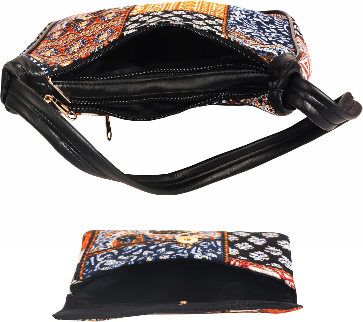 Vegan Leather Shoulder Bag Women Handbag Purse Organizer Cruelty Free Indian Handcrafted Cotton Fabric.