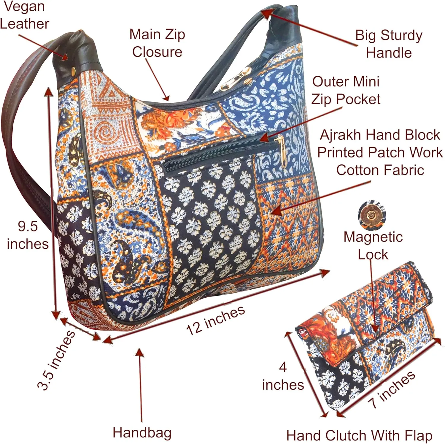 Vegan Leather Shoulder Bag Women Handbag Purse Organizer Cruelty Free Indian Handcrafted Cotton Fabric.