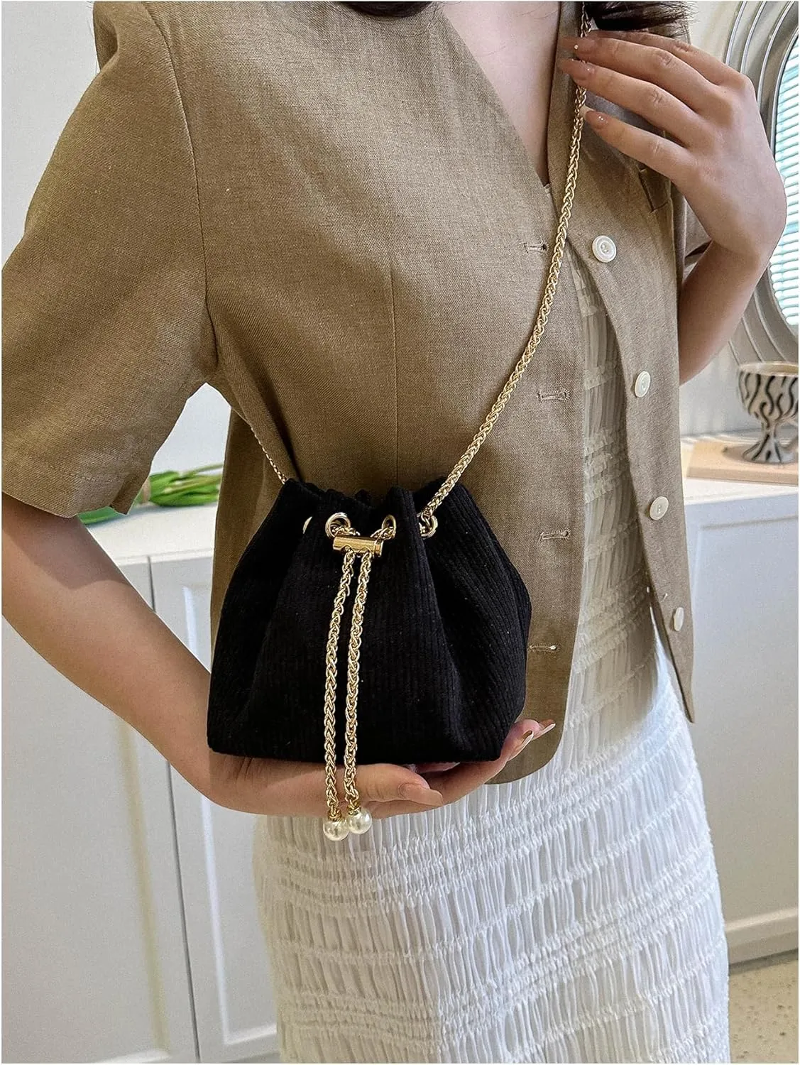 Verdusa Mini Plaid Print Drawstring Tote Bags Casual Handbags Retro Handbag