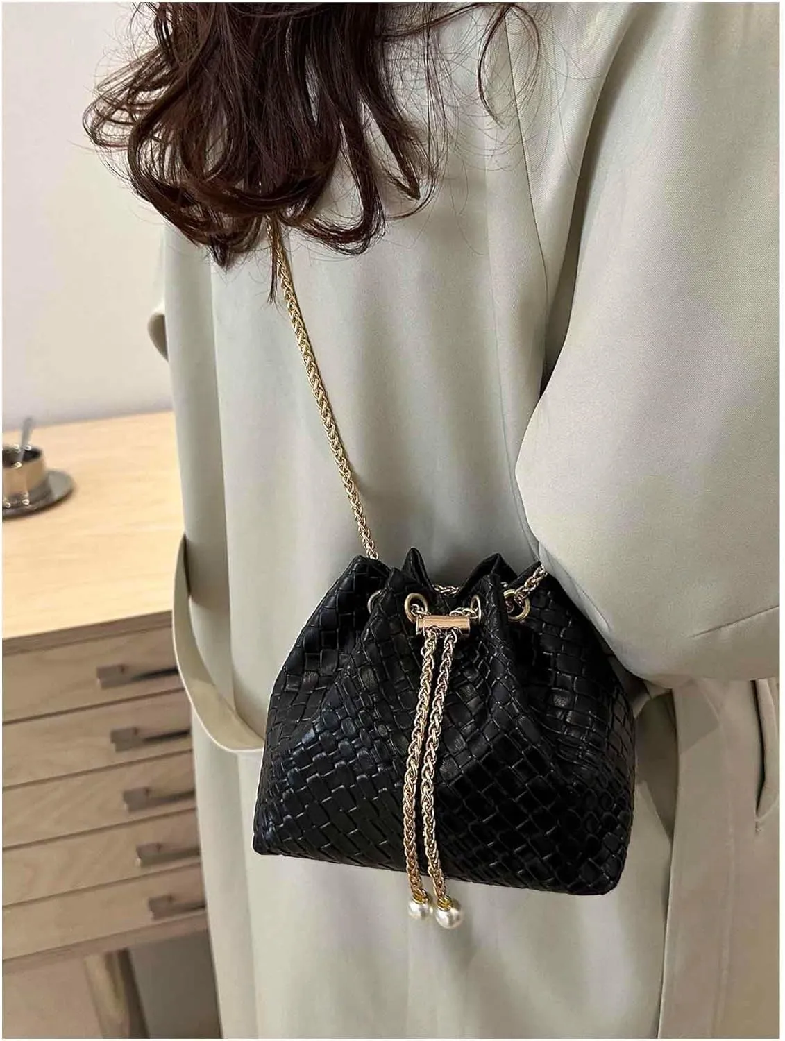 Verdusa Mini Plaid Print Drawstring Tote Bags Casual Handbags Retro Handbag