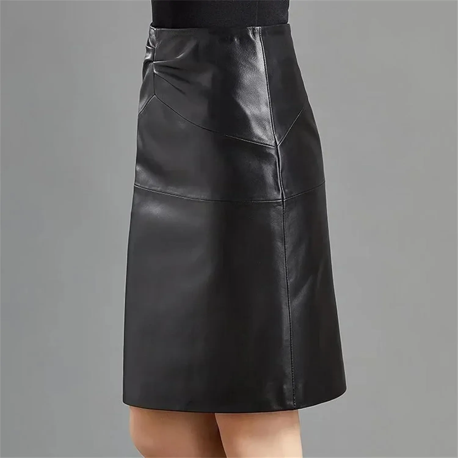 Vintage Black Matte Leather Women High Waist Skirt Splicing Midi Skirt Pleated Lady Knee Length PU Skirt