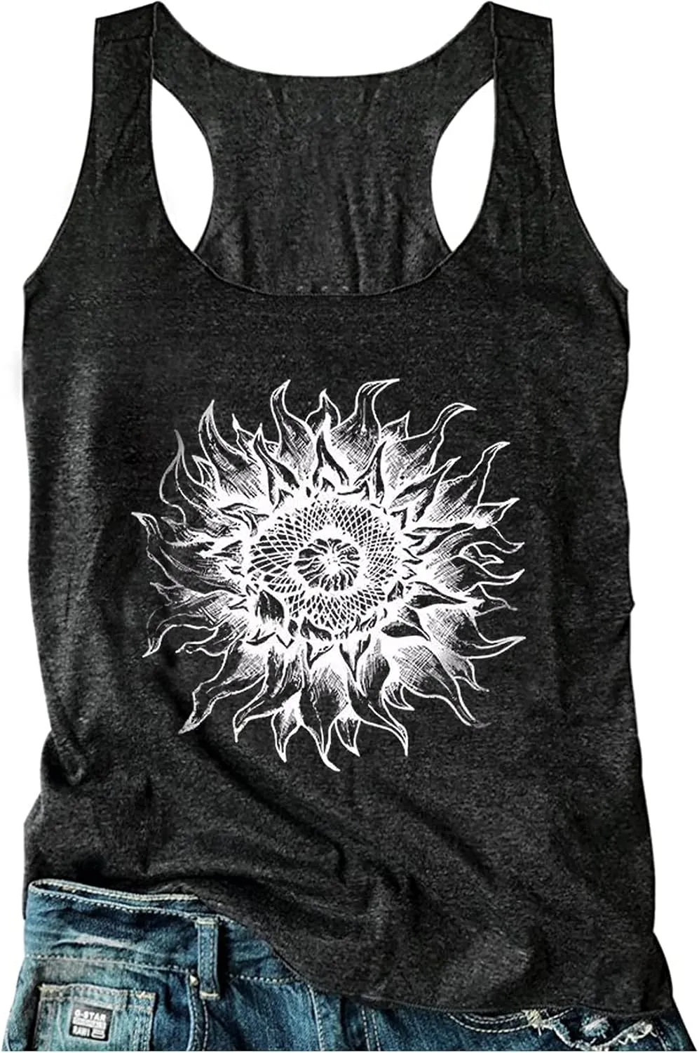 Vintage Flowers Tank Tops for Women Sunflower Graphic Sleeveless T Shirts Boho Floral Cami Travel Racerback Tops Outfits