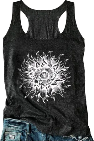 Vintage Flowers Tank Tops for Women Sunflower Graphic Sleeveless T Shirts Boho Floral Cami Travel Racerback Tops Outfits