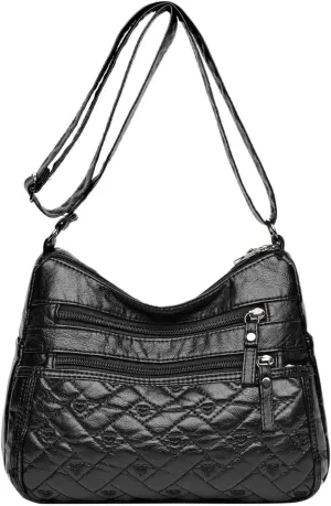 Vintage Love Pattern Rectangle Plaid Soft Leather Texture Solid Color Crossbody Bag Pocket Zipper Tote (Black, One Size)