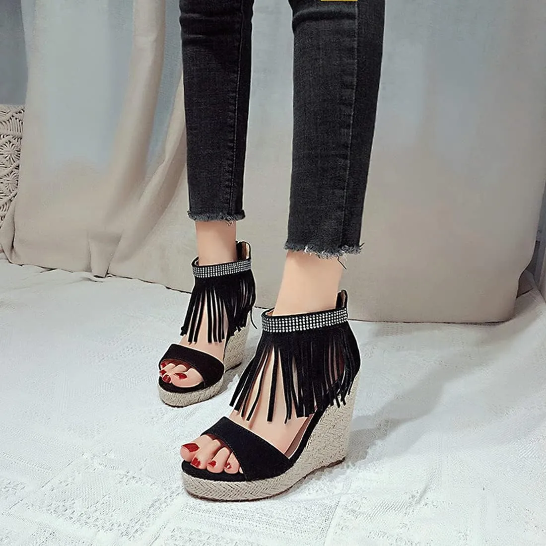 VOKLIN Women's Fringed Espadrilles Wedge Sandals Open Toe Platform High Heels Zipper Tassels Dressy Sandal