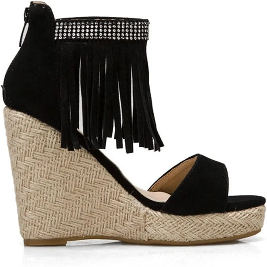 VOKLIN Women's Fringed Espadrilles Wedge Sandals Open Toe Platform High Heels Zipper Tassels Dressy Sandal