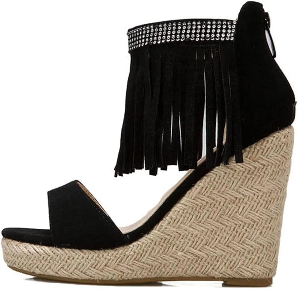 VOKLIN Women's Fringed Espadrilles Wedge Sandals Open Toe Platform High Heels Zipper Tassels Dressy Sandal