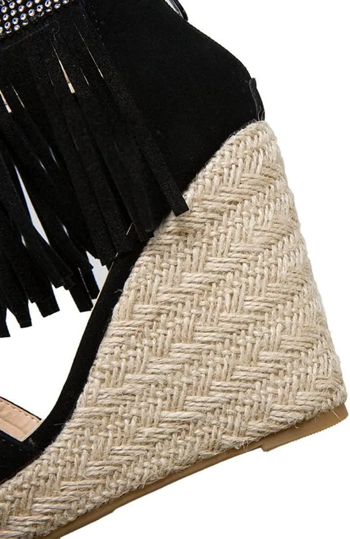 VOKLIN Women's Fringed Espadrilles Wedge Sandals Open Toe Platform High Heels Zipper Tassels Dressy Sandal