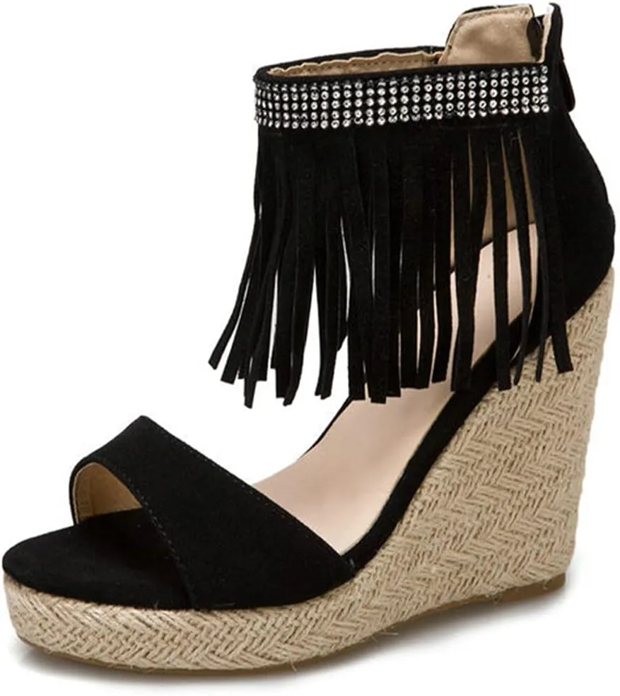 VOKLIN Women's Fringed Espadrilles Wedge Sandals Open Toe Platform High Heels Zipper Tassels Dressy Sandal