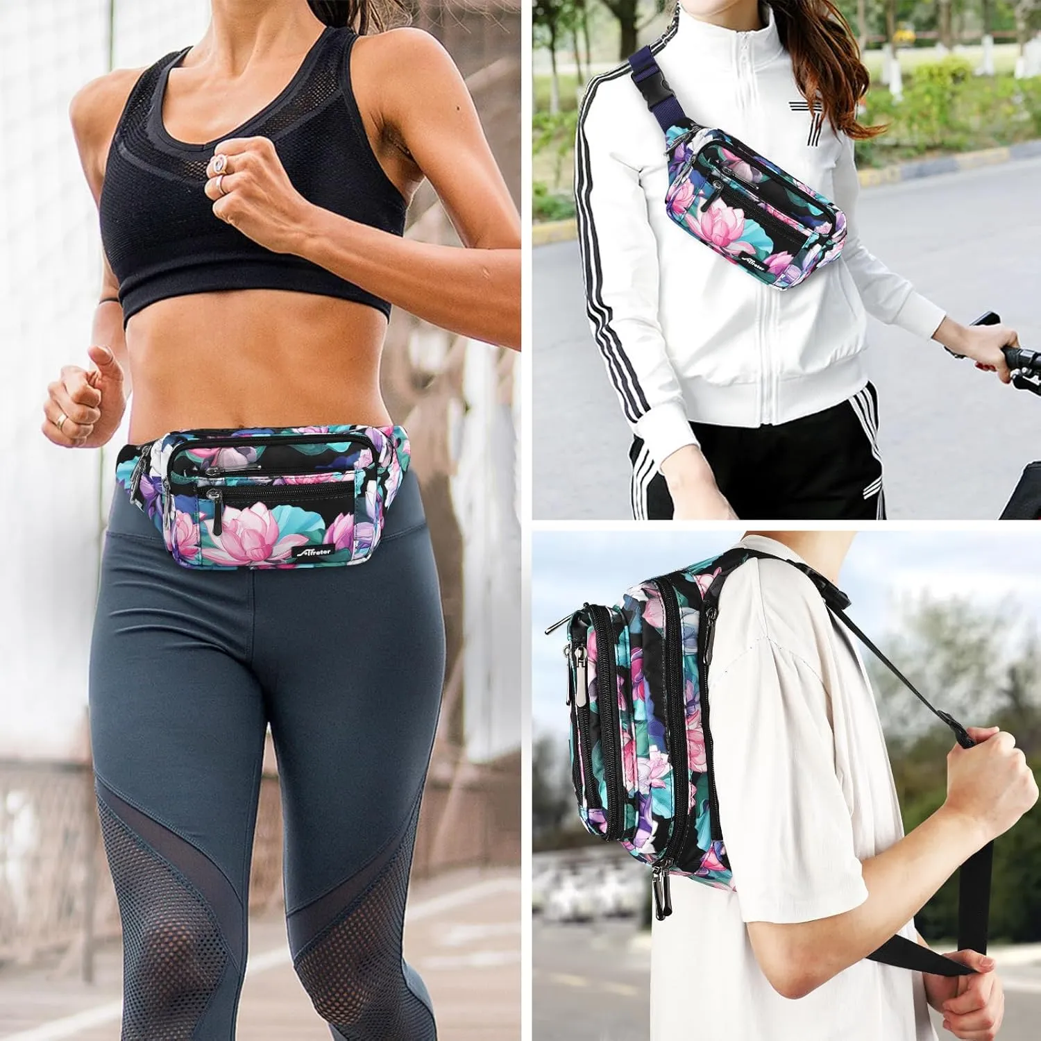 Waist Pack Bag Fanny Pack for Men&Women Hip Bum Bag with Adjustable Strap for Outdoors Workout Traveling Casual Running Hiking Cycling (New Black Flowers-1)