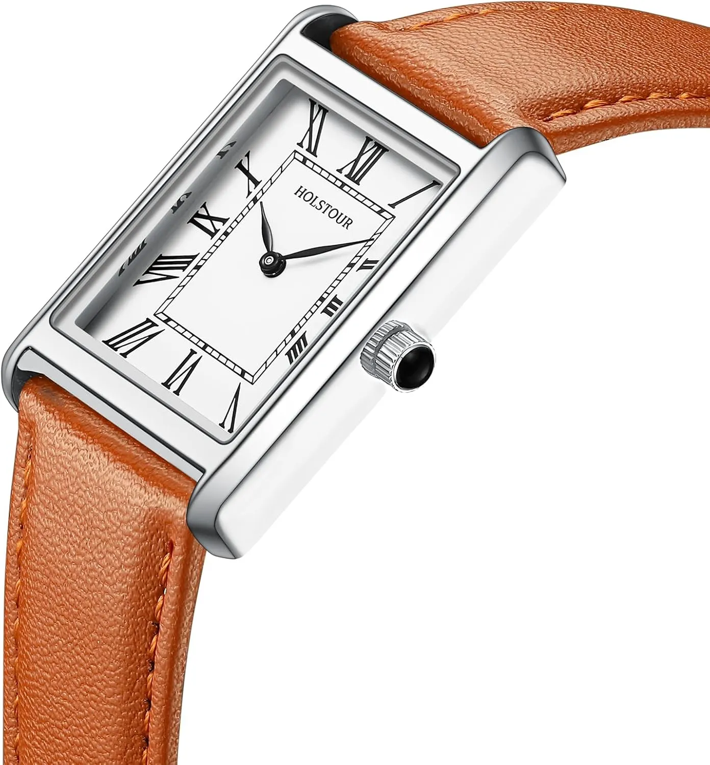 Watches for Men Business Simple Model Rectangle Roman Numerals Case Water Resistant with Leather Strap