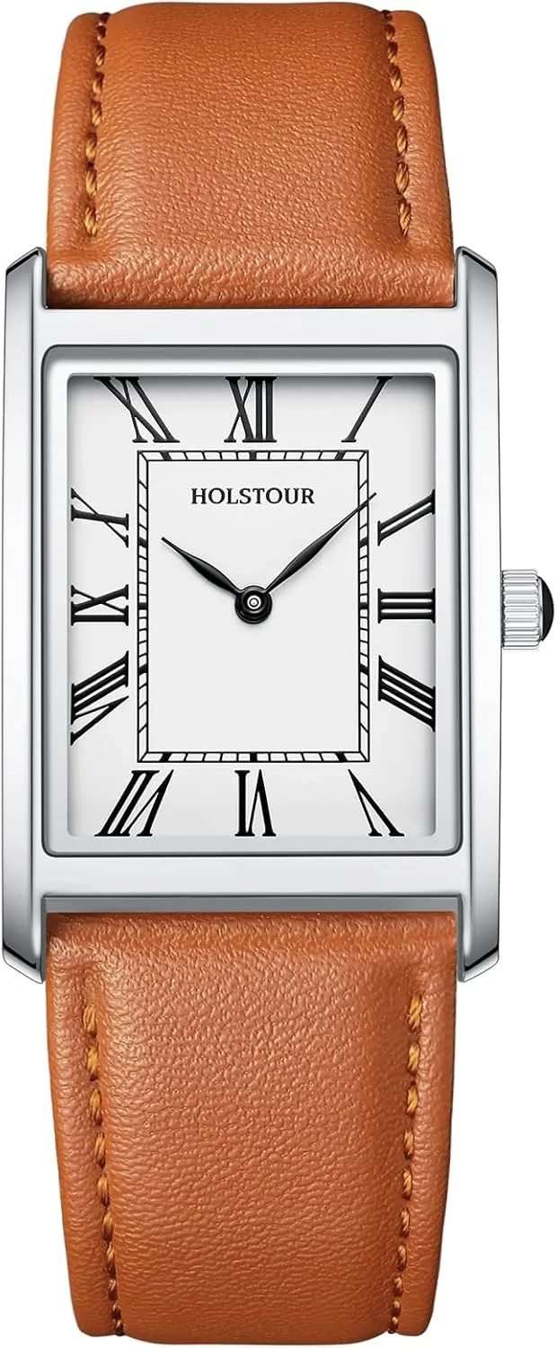 Watches for Men Business Simple Model Rectangle Roman Numerals Case Water Resistant with Leather Strap