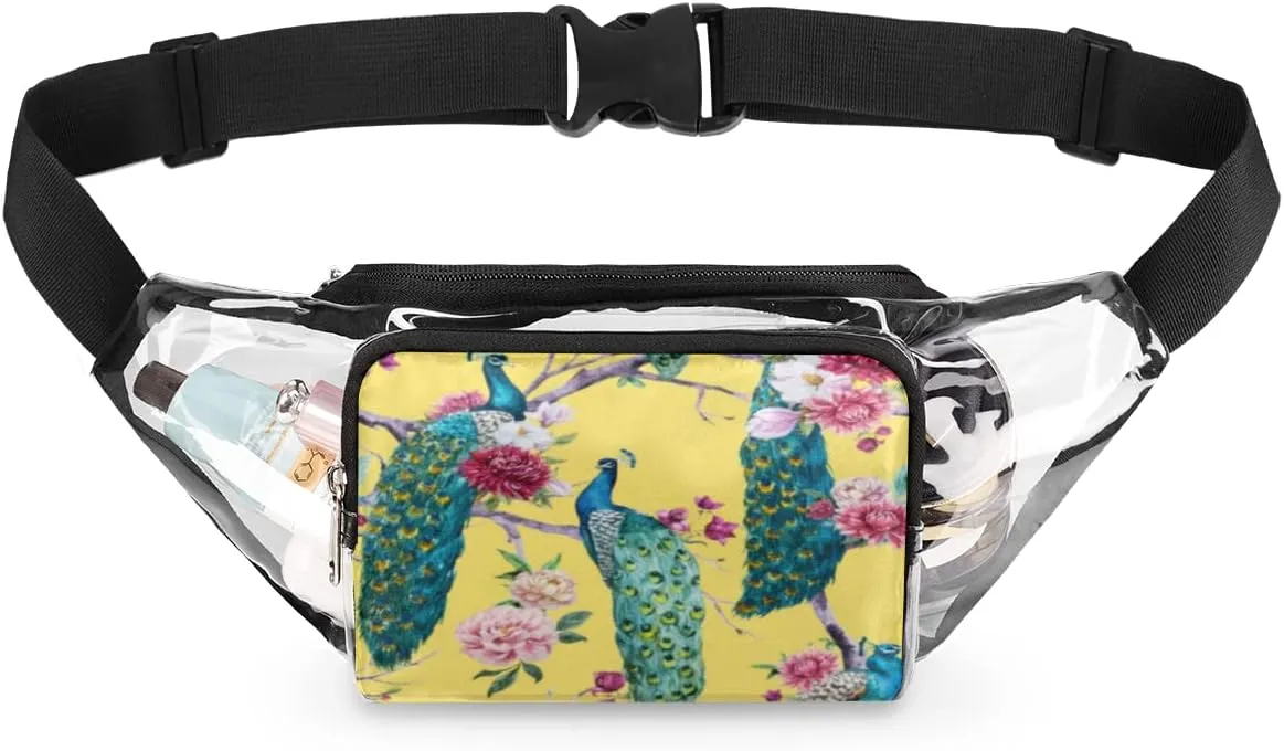 Watercolor Peacock Flower Clear Fanny Pack Stadium Approved Adjustable Clear Belt Bag Cute Waist Bags for Women Men Travel Sports Events Hiking Concerts