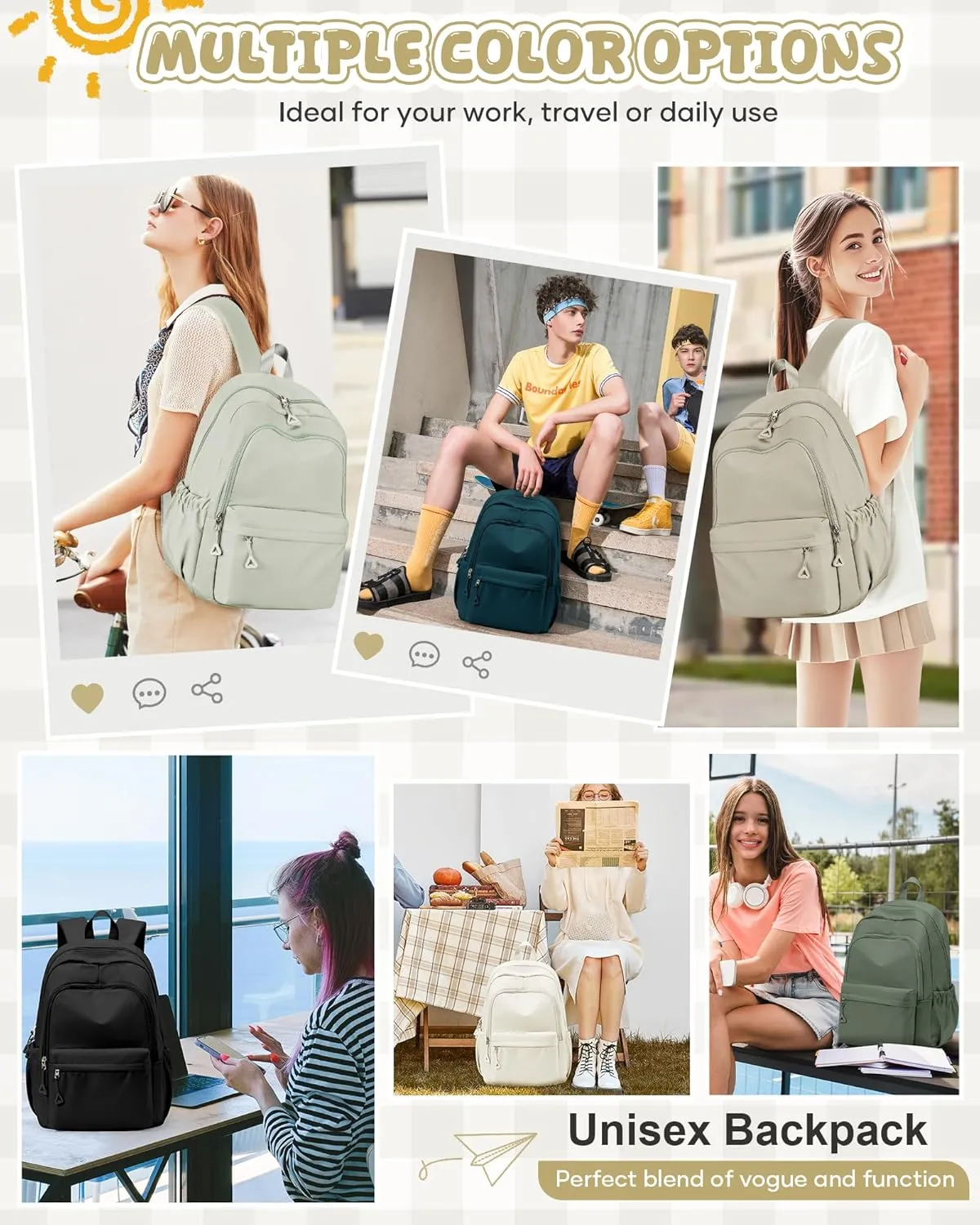 winspansy Backpack for School Teenage Girls Boys,Waterproof Lightweight School Bags Travel Daypack Simple Cute College Backpack Rucksack for Women Men fit 14 Inch Laptop,Beige