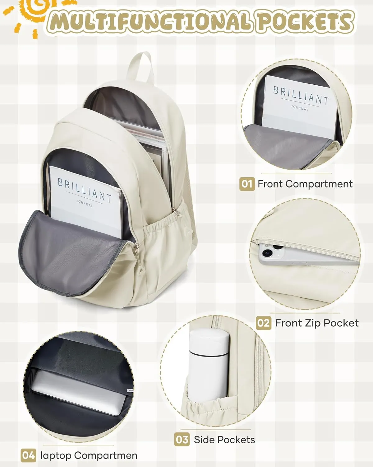winspansy Backpack for School Teenage Girls Boys,Waterproof Lightweight School Bags Travel Daypack Simple Cute College Backpack Rucksack for Women Men fit 14 Inch Laptop,Beige