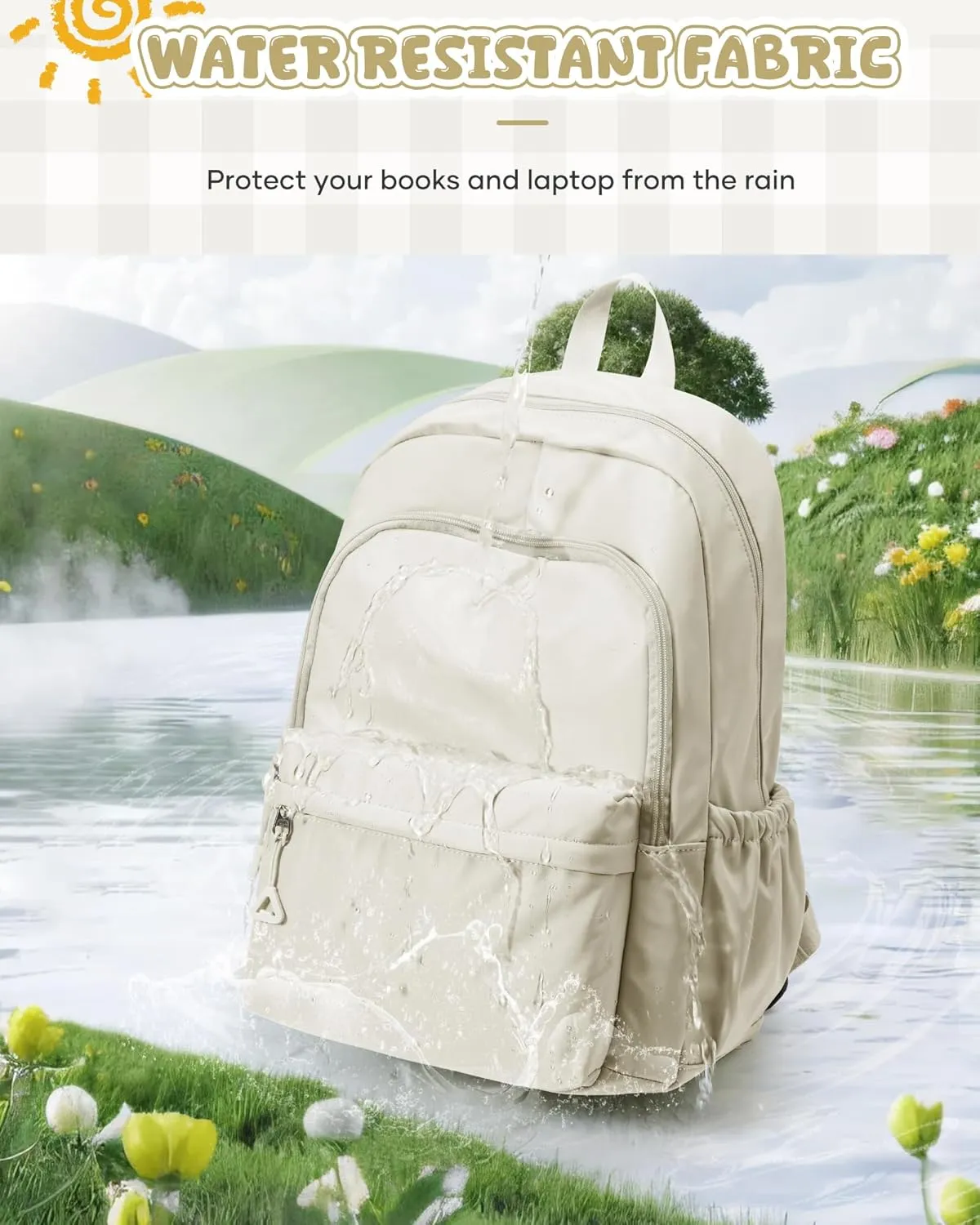 winspansy Backpack for School Teenage Girls Boys,Waterproof Lightweight School Bags Travel Daypack Simple Cute College Backpack Rucksack for Women Men fit 14 Inch Laptop,Beige