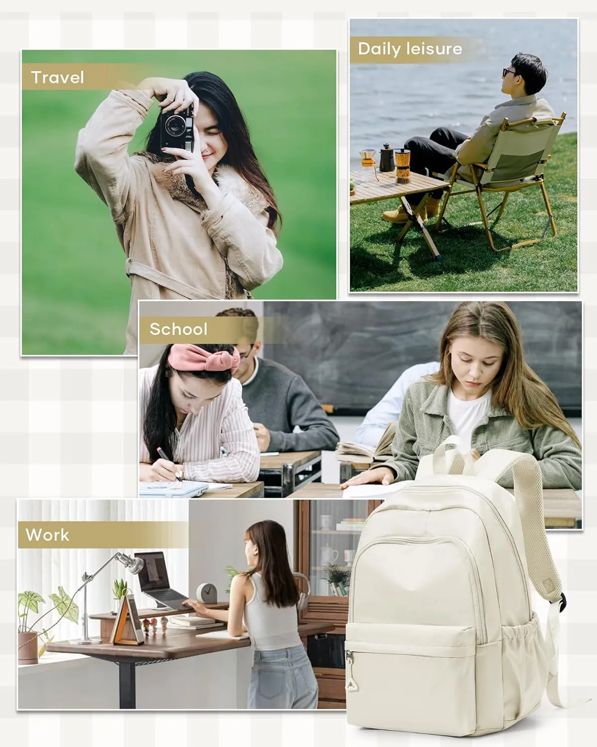winspansy Backpack for School Teenage Girls Boys,Waterproof Lightweight School Bags Travel Daypack Simple Cute College Backpack Rucksack for Women Men fit 14 Inch Laptop,Beige