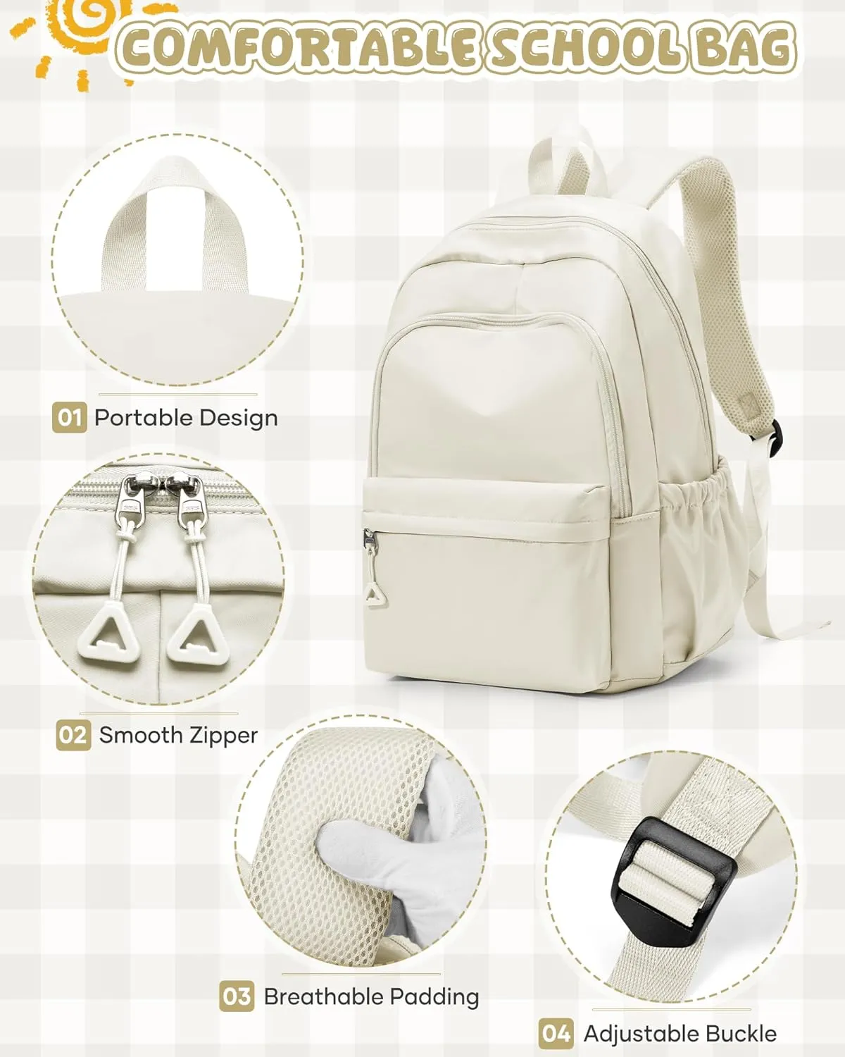 winspansy Backpack for School Teenage Girls Boys,Waterproof Lightweight School Bags Travel Daypack Simple Cute College Backpack Rucksack for Women Men fit 14 Inch Laptop,Beige