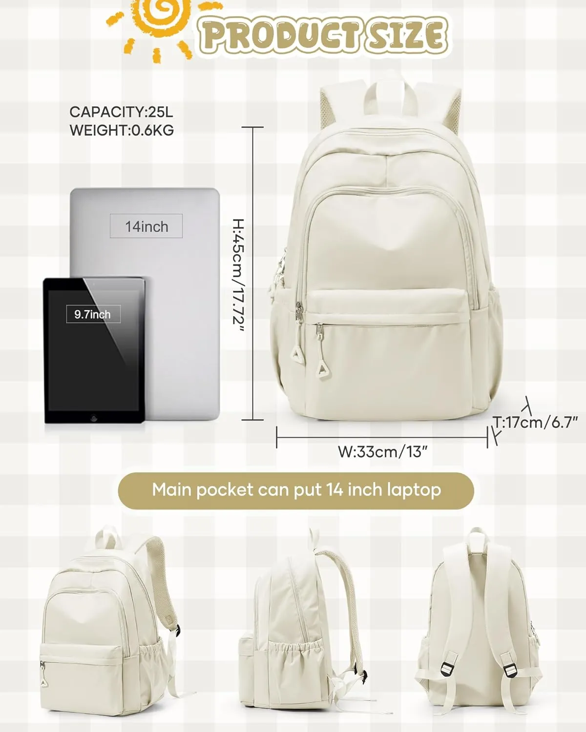 winspansy Backpack for School Teenage Girls Boys,Waterproof Lightweight School Bags Travel Daypack Simple Cute College Backpack Rucksack for Women Men fit 14 Inch Laptop,Beige