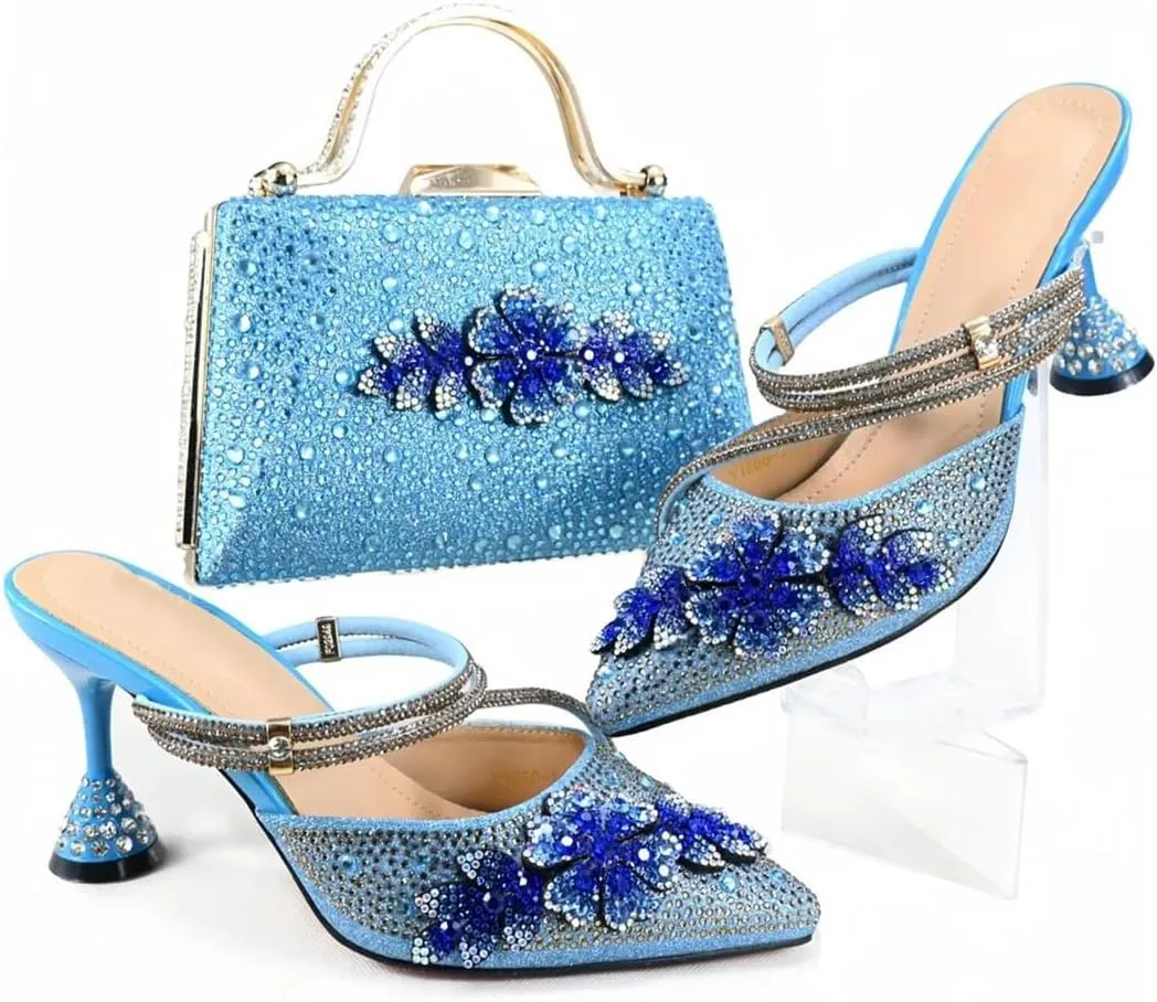 Wjnvfioo Ladies' Evening Dress Bag with Shoes Set African Blue Color Crystal Party Heels Shoes and Bag Set
