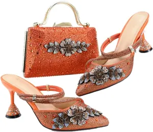 Wjnvfioo Ladies' Evening Dress Bag with Shoes Set African Blue Color Crystal Party Heels Shoes and Bag Set