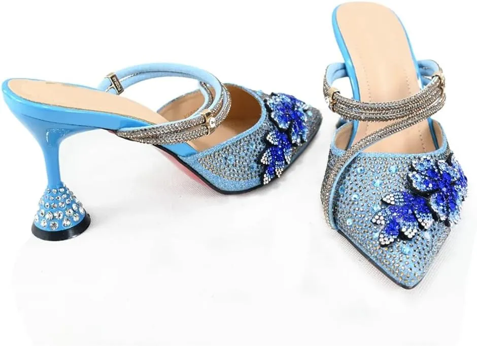 Wjnvfioo Ladies' Evening Dress Bag with Shoes Set African Blue Color Crystal Party Heels Shoes and Bag Set