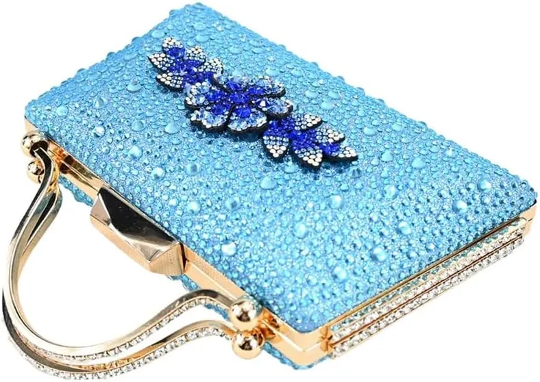 Wjnvfioo Ladies' Evening Dress Bag with Shoes Set African Blue Color Crystal Party Heels Shoes and Bag Set