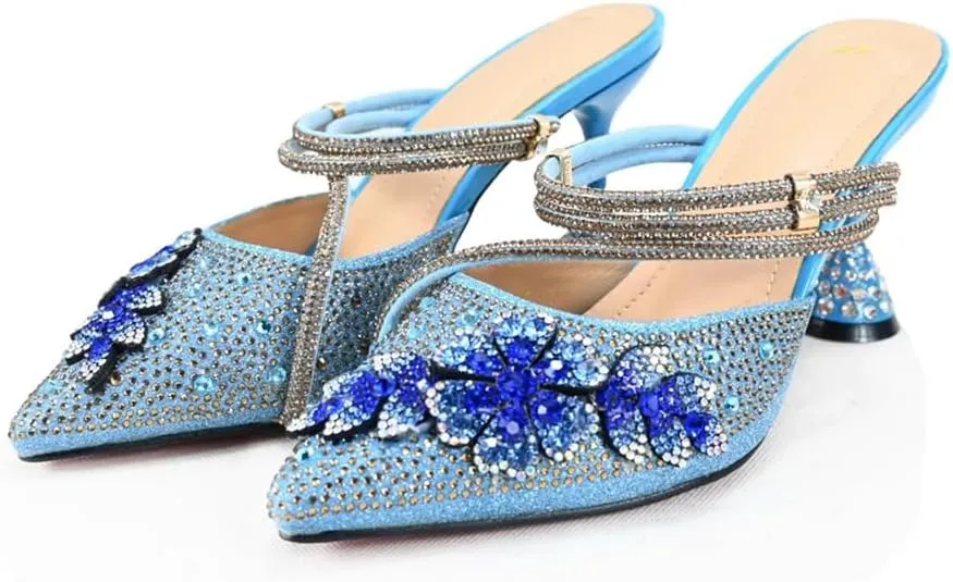 Wjnvfioo Ladies' Evening Dress Bag with Shoes Set African Blue Color Crystal Party Heels Shoes and Bag Set