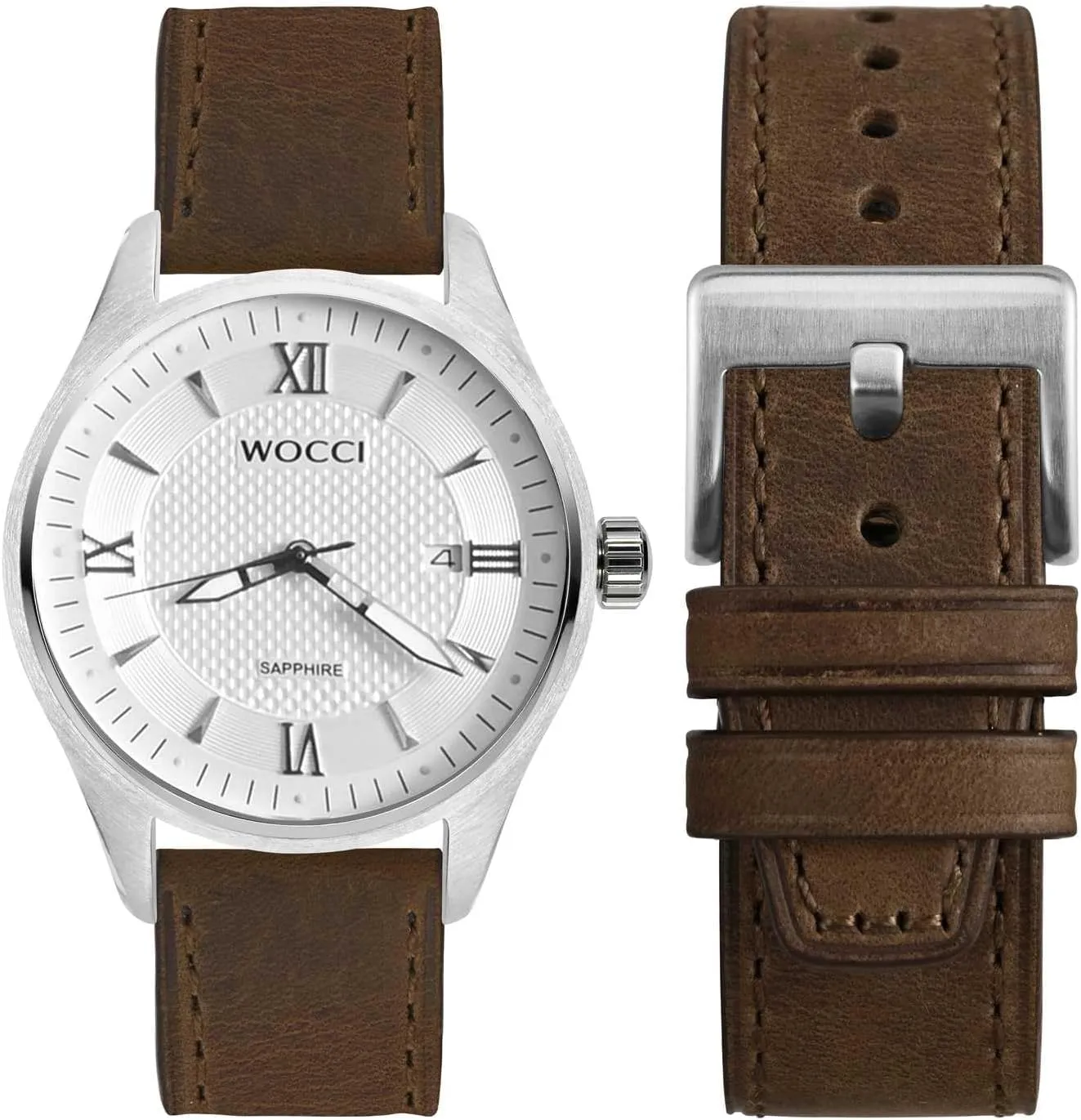 WOCCI 20mm Elite Watch Band, Top Grain Leather, Quick Release, Silver Buckle (Dark Brown)