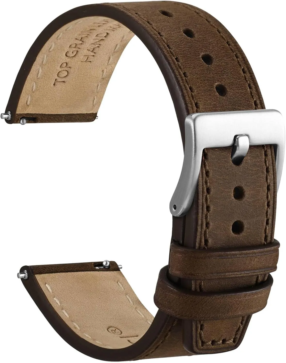 WOCCI 20mm Elite Watch Band, Top Grain Leather, Quick Release, Silver Buckle (Dark Brown)