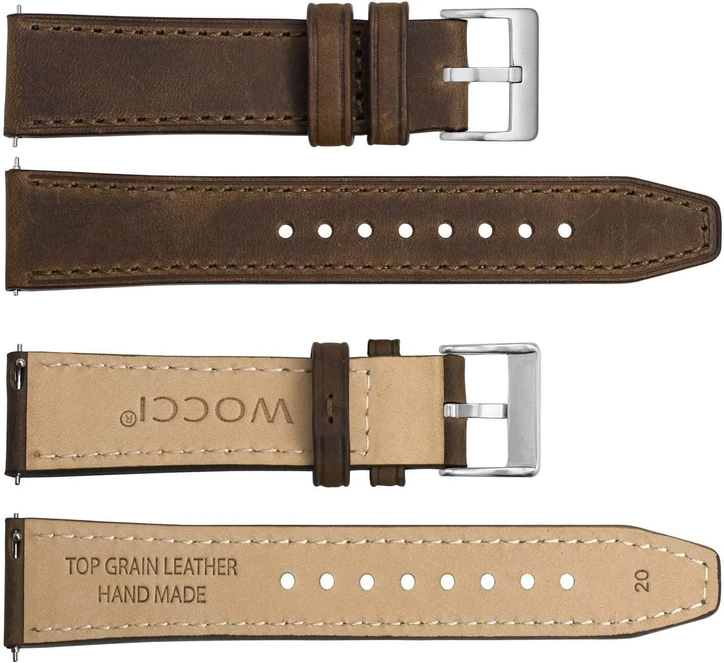 WOCCI 20mm Elite Watch Band, Top Grain Leather, Quick Release, Silver Buckle (Dark Brown)