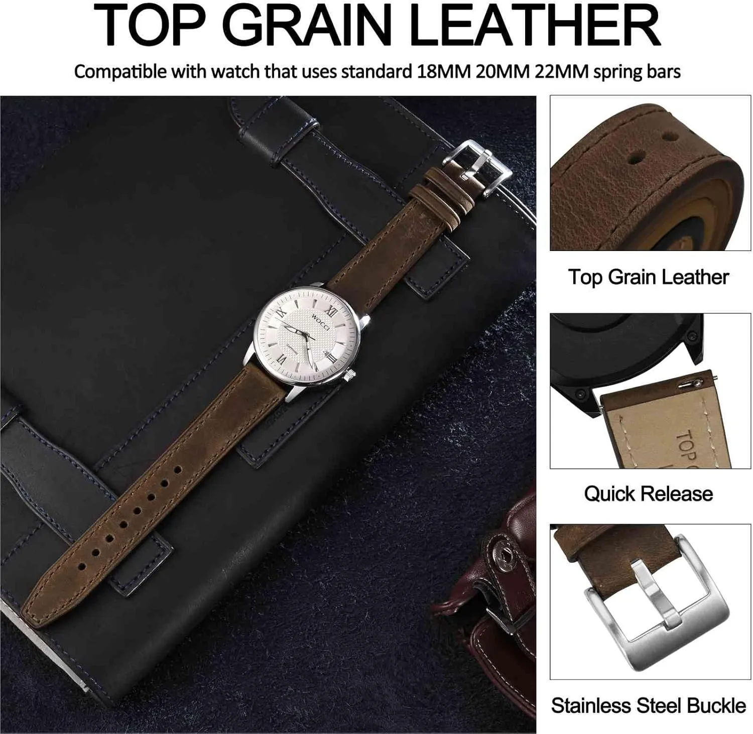 WOCCI 20mm Elite Watch Band, Top Grain Leather, Quick Release, Silver Buckle (Dark Brown)