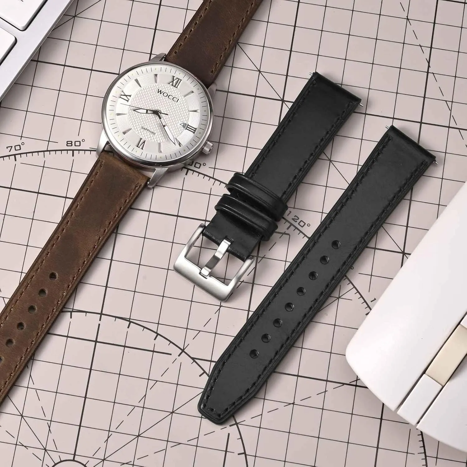WOCCI 20mm Elite Watch Band, Top Grain Leather, Quick Release, Silver Buckle (Dark Brown)