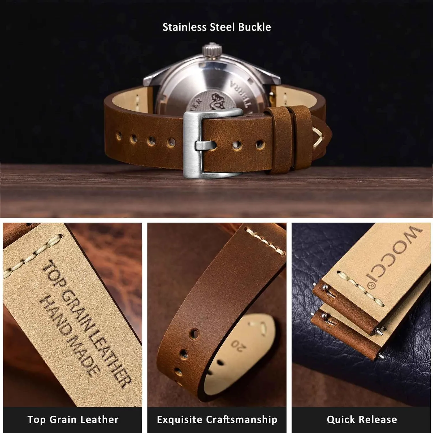 WOCCI 20mm Old-fashioned Watch Band for Men, Top Grain Leather, Silver Brushed Buckle (Caramel Brown)