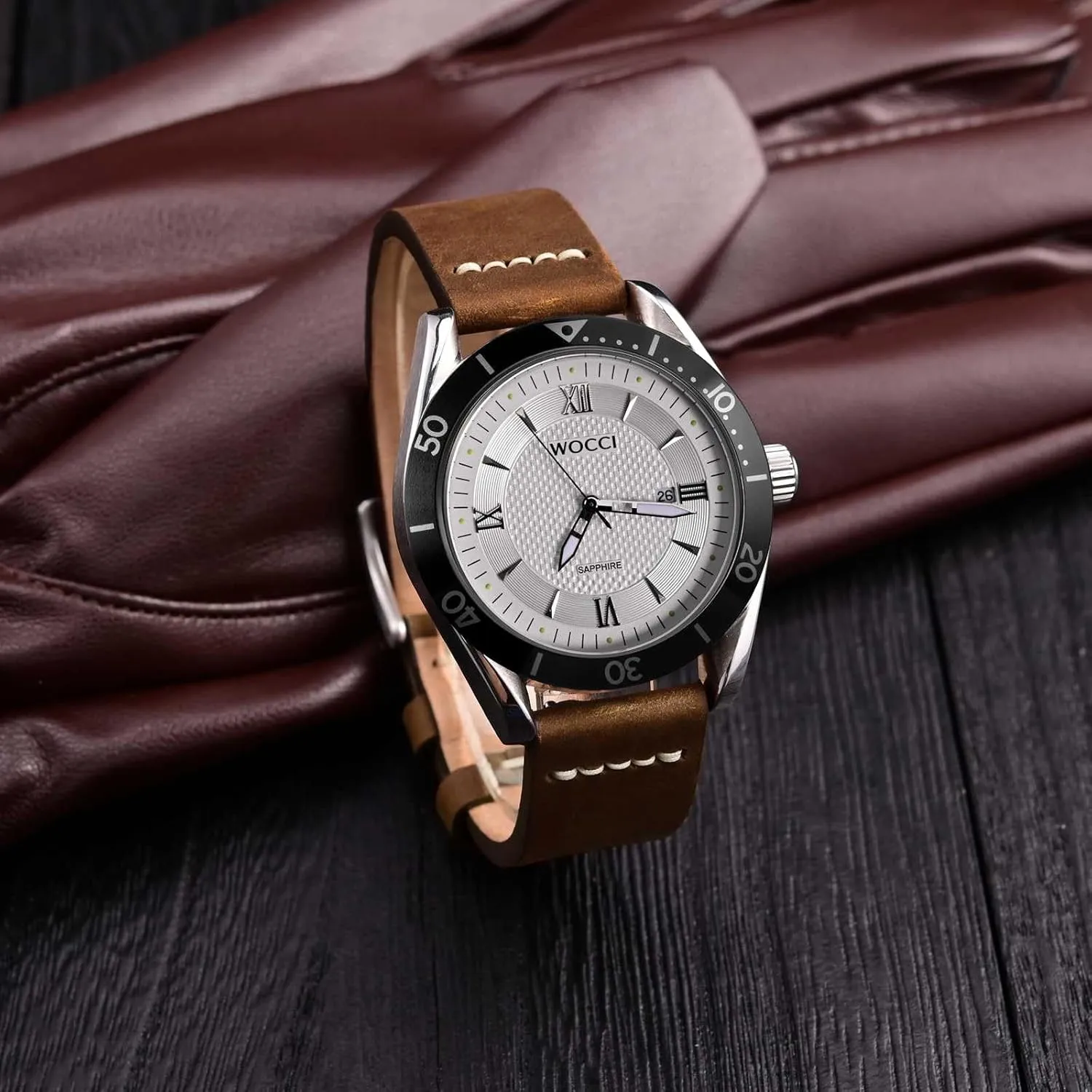 WOCCI 20mm Old-fashioned Watch Band for Men, Top Grain Leather, Silver Brushed Buckle (Caramel Brown)