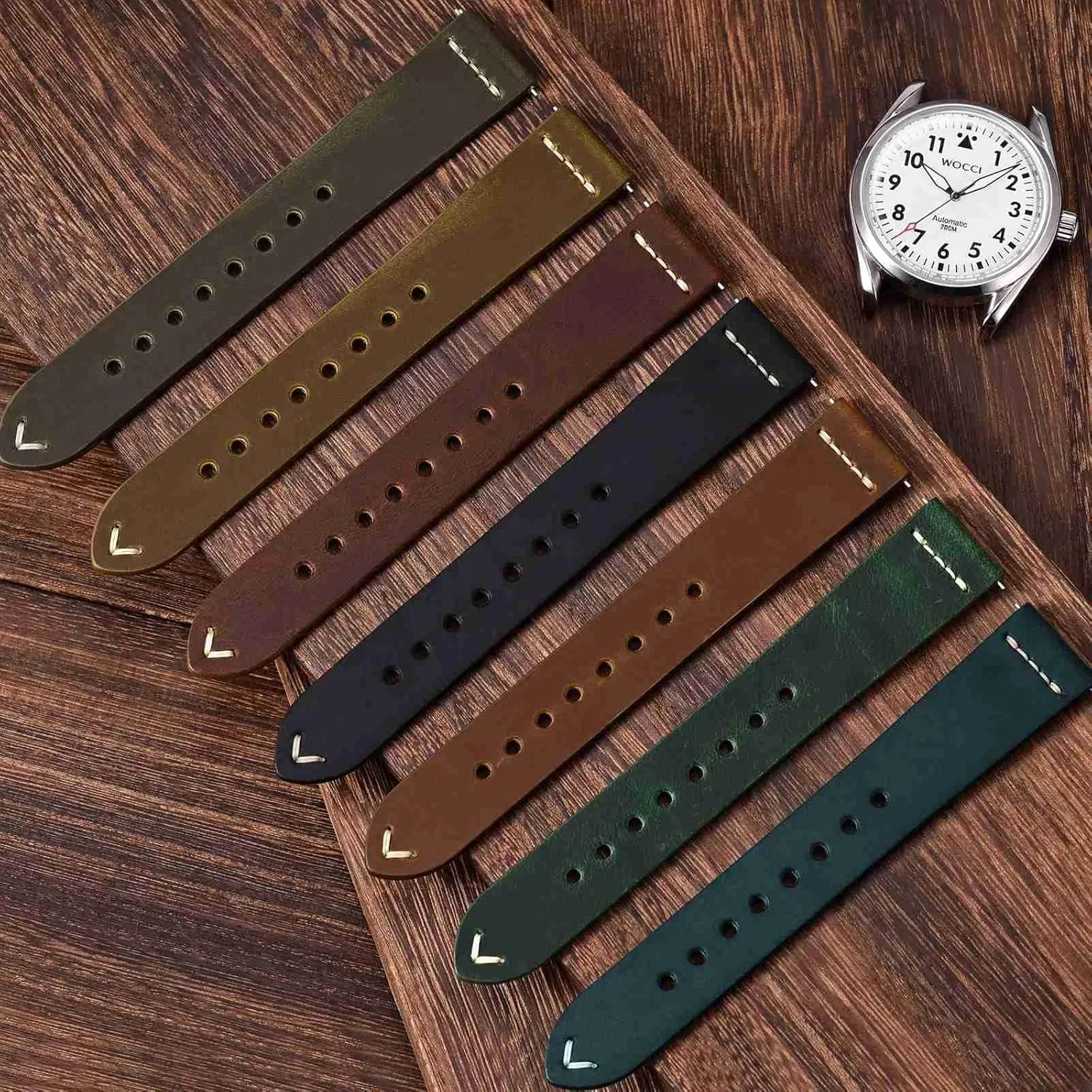 WOCCI 20mm Old-fashioned Watch Band for Men, Top Grain Leather, Silver Brushed Buckle (Caramel Brown)