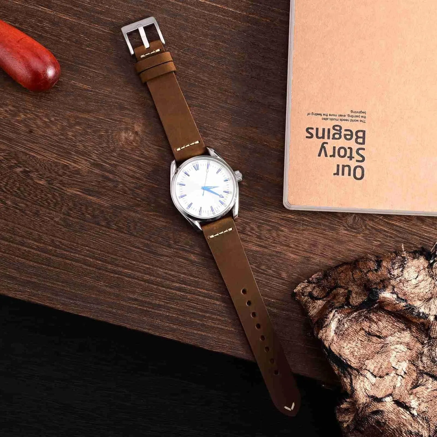 WOCCI 20mm Old-fashioned Watch Band for Men, Top Grain Leather, Silver Brushed Buckle (Caramel Brown)