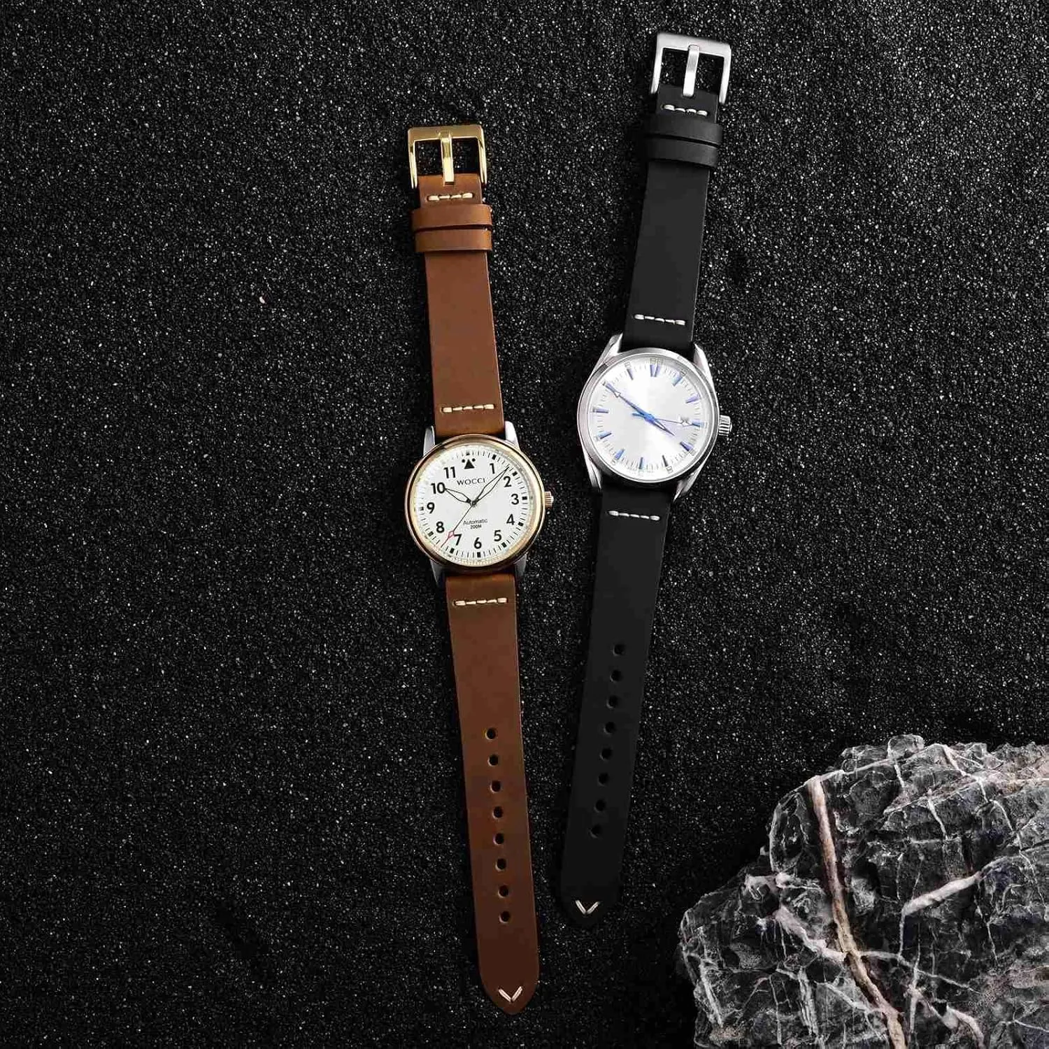 WOCCI 20mm Old-fashioned Watch Band for Men, Top Grain Leather, Silver Brushed Buckle (Caramel Brown)