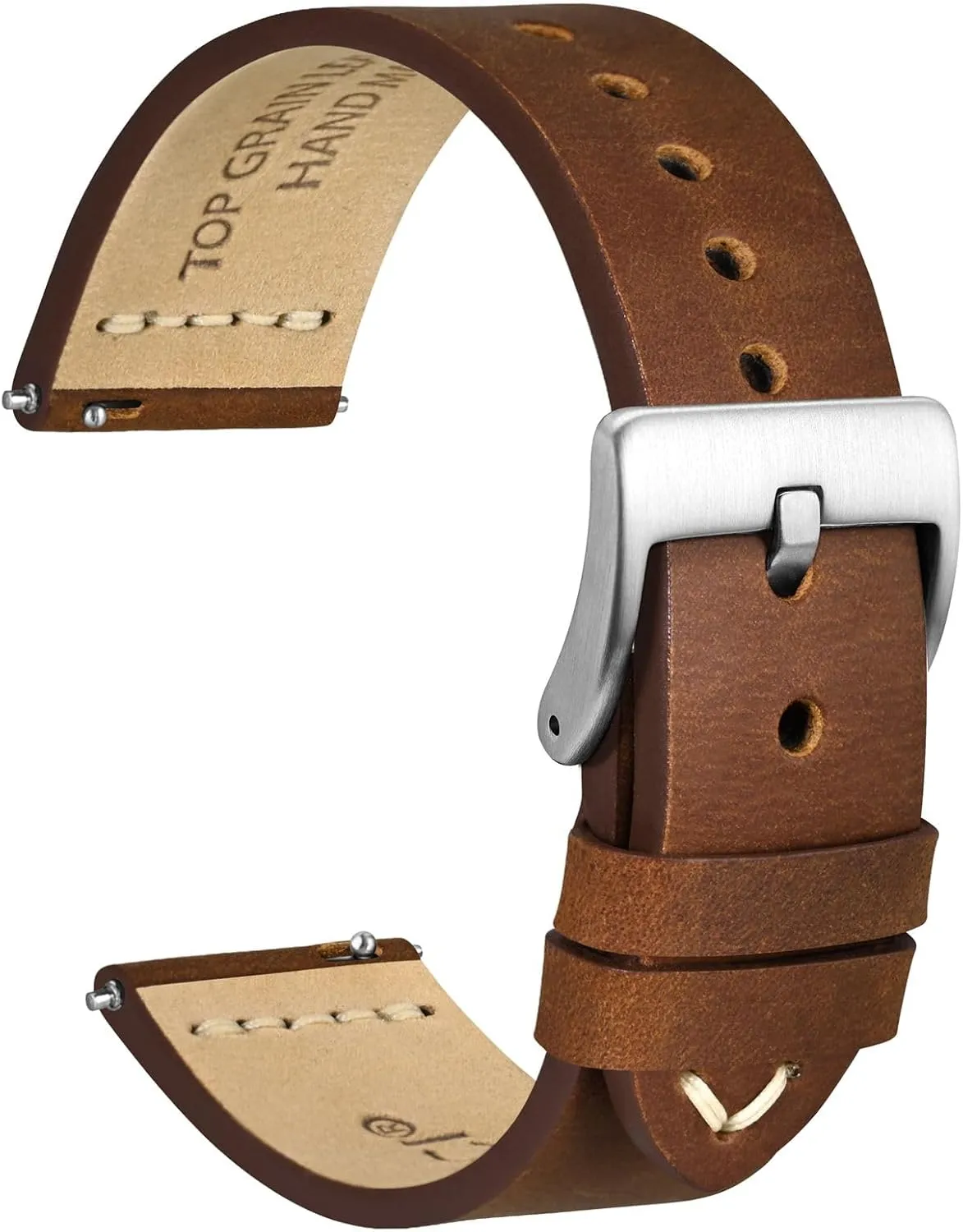 WOCCI 20mm Old-fashioned Watch Band for Men, Top Grain Leather, Silver Brushed Buckle (Caramel Brown)