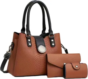 Women 3pcs Handbags and Purses Set Soft Faux Leather Totes Satchel Clutch Wallet Card Holder