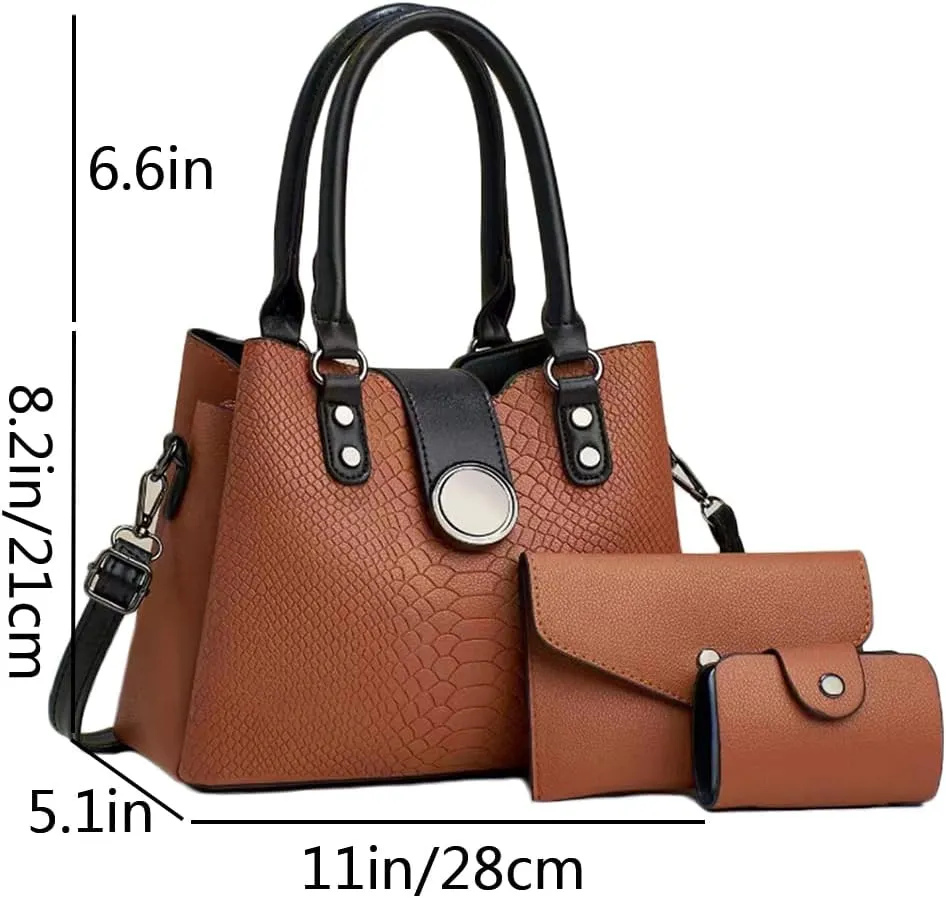 Women 3pcs Handbags and Purses Set Soft Faux Leather Totes Satchel Clutch Wallet Card Holder