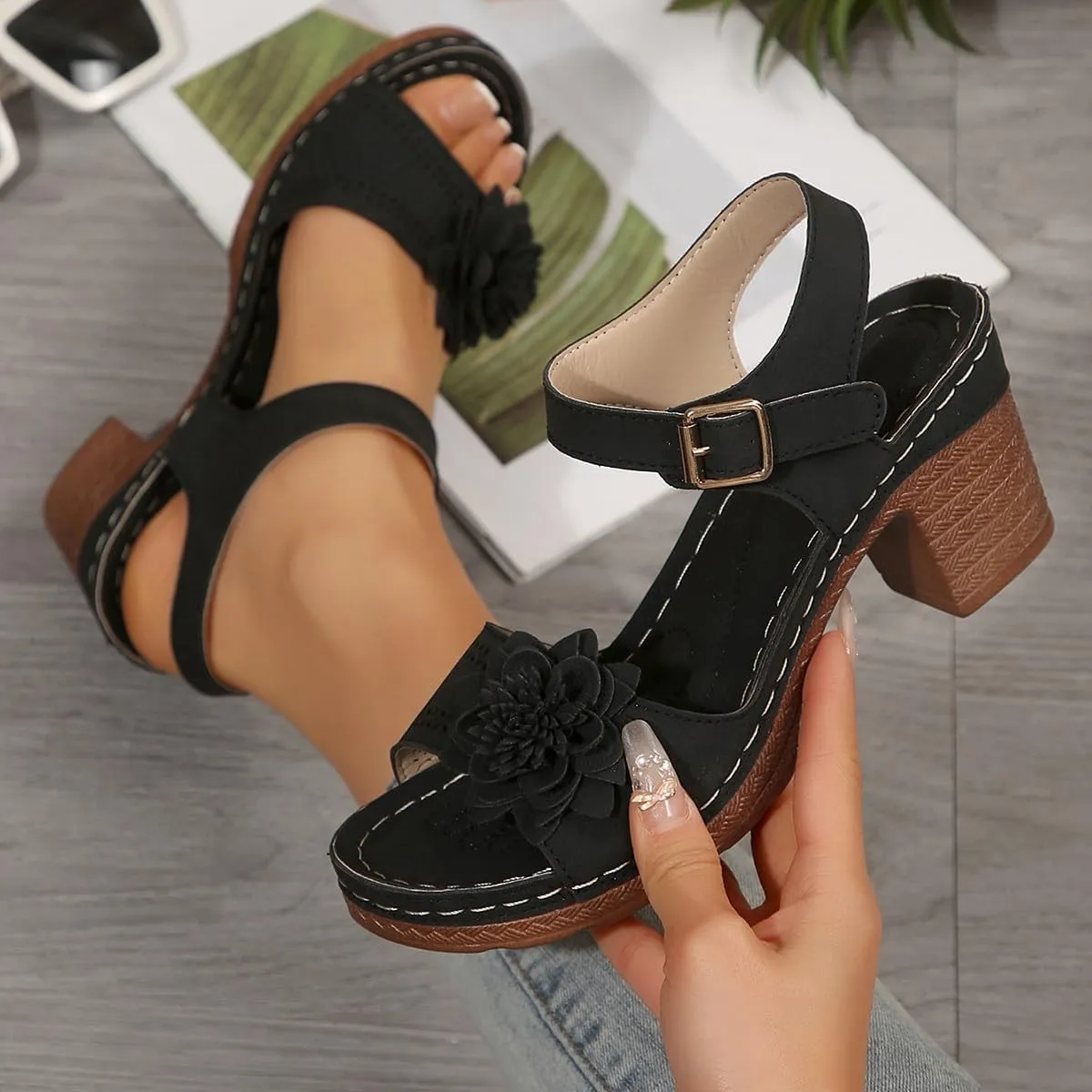 Women Chunky Platform Heels Casual Adjustable Ankle Strap Open Toe Heel Strappy Sandals Party Dressy Shoes Sandals