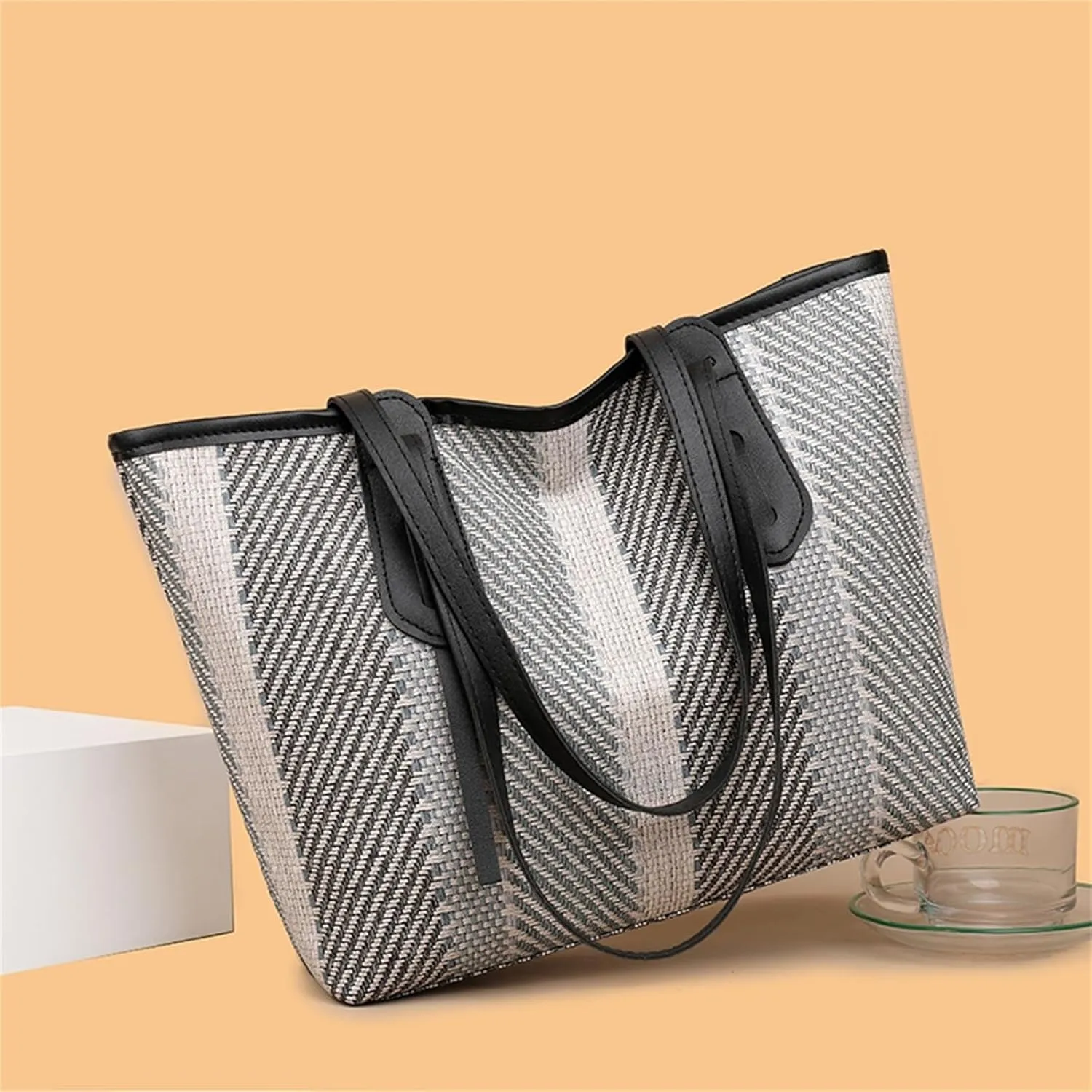 Women Fashion HandBag Canvas Totes Ladies Patchwork Striped Vintage Large Capacity Female Bag Work Travel