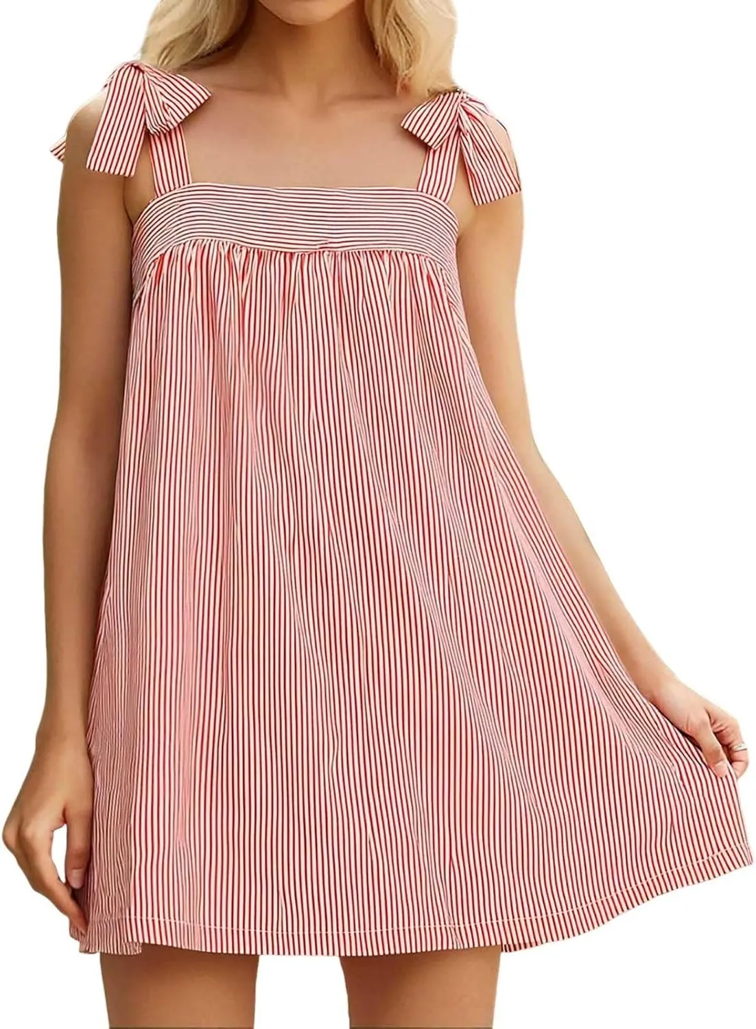Women Floral Tie Shoulder Mini Strap Dress Cute Square Neck Loose Fit Beach Short Dress Backless Boho Vacation Sundress