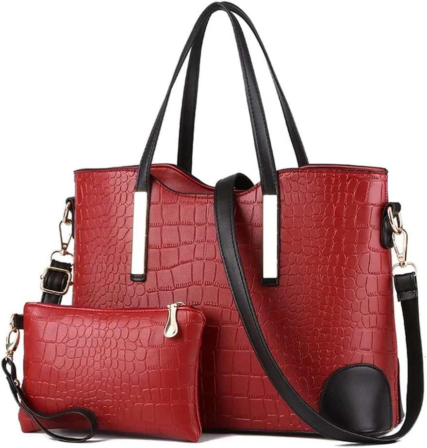 Women Handbags and Purse Set Vegan Leather Tote Bags Shoulder Bag Satchel Crocodile Texture Handbag Wallet 2 Pcs
