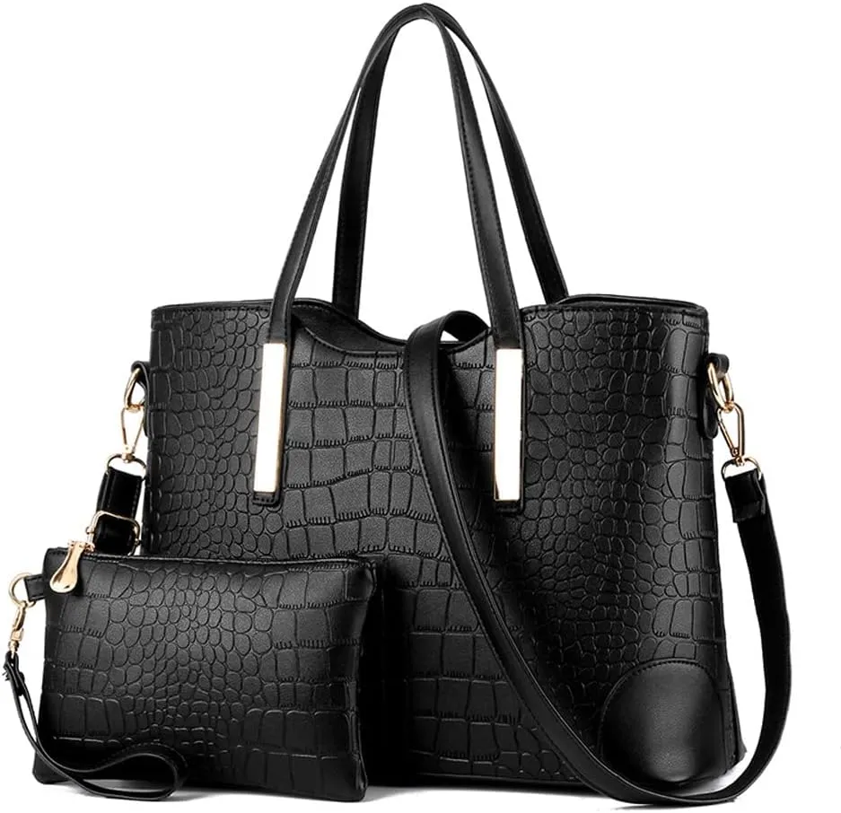 Women Handbags and Purse Set Vegan Leather Tote Bags Shoulder Bag Satchel Crocodile Texture Handbag Wallet 2 Pcs