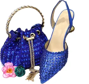 Women Italian Shoes and Bag Set, Rhinestone Pointed Toe Heels Large Capacity Clutch Bag for Wedding Bridal Evening Party