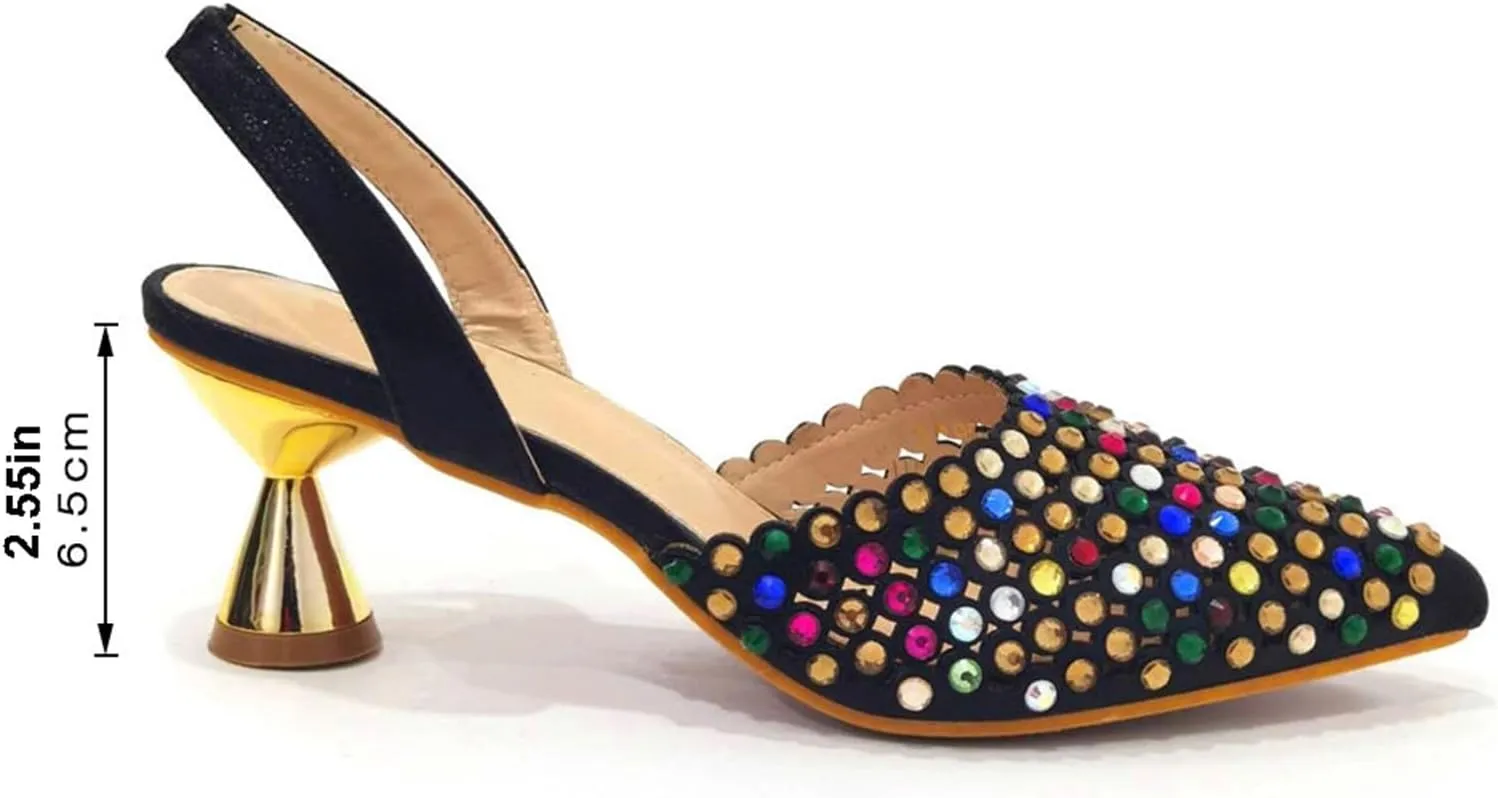 Women Italian Shoes and Bag Set, Rhinestone Pointed Toe Heels Large Capacity Clutch Bag for Wedding Bridal Evening Party